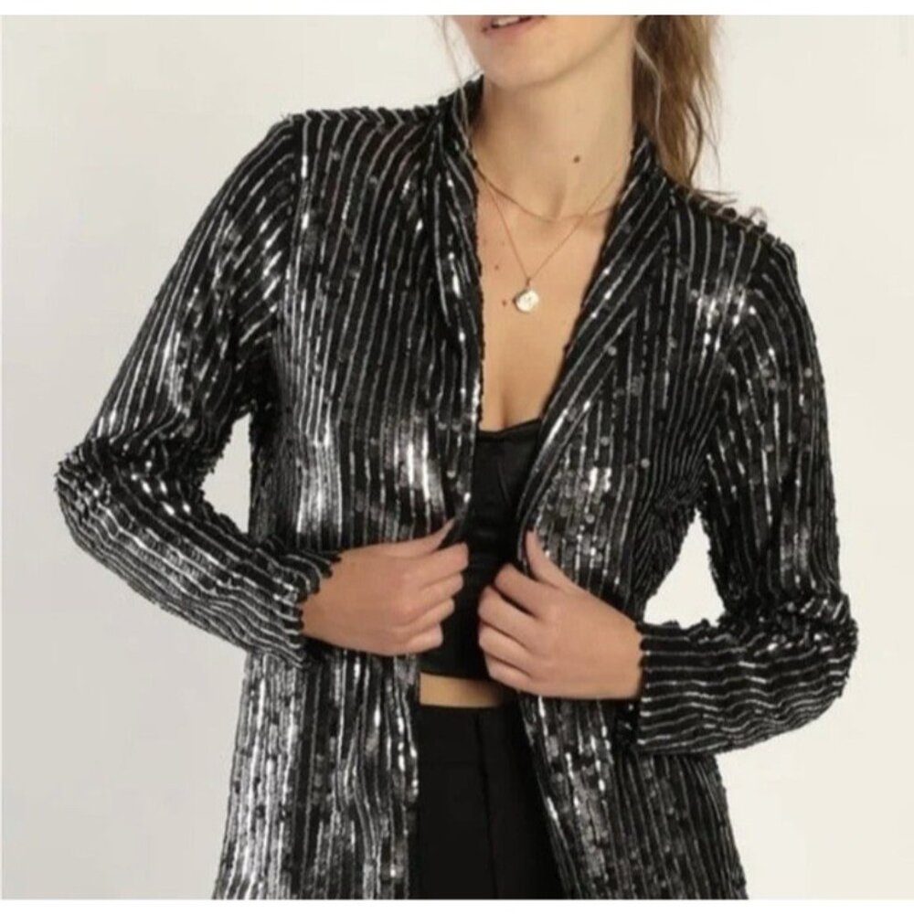 Lulus Sequin Jacket S Small Black Silver Wedding … - image 2
